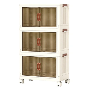 Foldable Storage Cabinet Stackable Bins Household Plastic Closet Multi-purpose Organizer Doors and Top Lid 2 Way Opening with 360 Degree Rotatable Whe