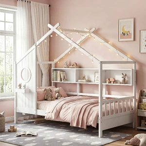 Kids Single Bed Frame House Bed Solid Wood Montessori Bed for Toddler White
