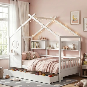 Kids Single Bed Frame with 3 Storage Bookcase & 2 Drawers House Bed Solid Wood Montessori Bed Easy Assembly White
