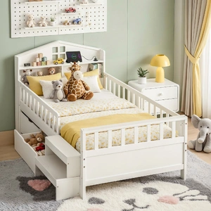 Single Bed Frame with 2 Storage Drawers, Montessori Bed with Headboard, 2 USB Ports & Led Light, Solid Wood Platform Bed Base with Safety Rail & Ladde