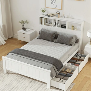 Artiss Bed Frame Double Size Wooden with 3 Shelves Bed Head White