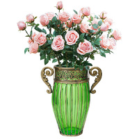 Green Glass Flower Vase with 8 Bunch 5 Heads Artificial Fake Silk Rose Home Decor Set