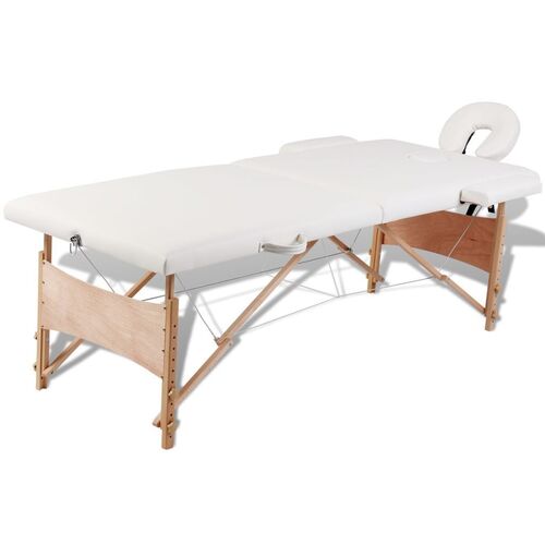 Cream White Foldable Massage Table 2 Zones with Wooden Frame