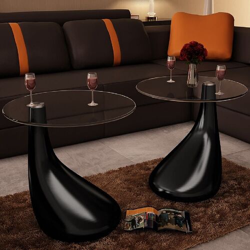 Coffee Table 2 pcs with Round Glass Top High Gloss Black