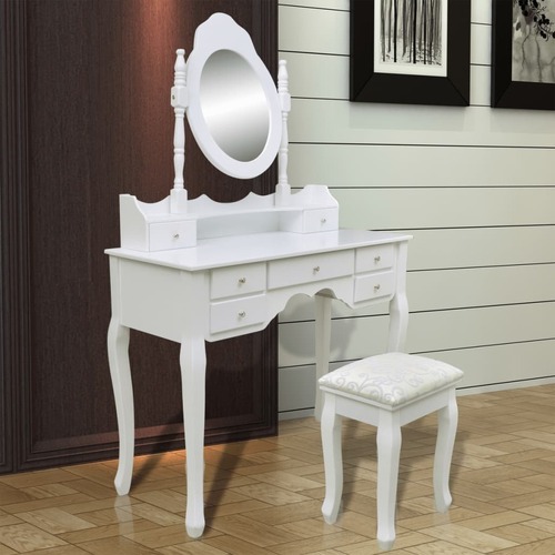Dressing Table with Mirror and Stool 7 Drawers White