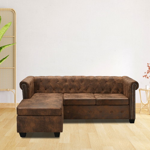 L-shaped Chesterfield Sofa Artificial Suede Leather Brown