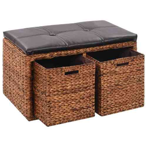 Bench with 2 Baskets Seagrass 71x40x42 cm Brown