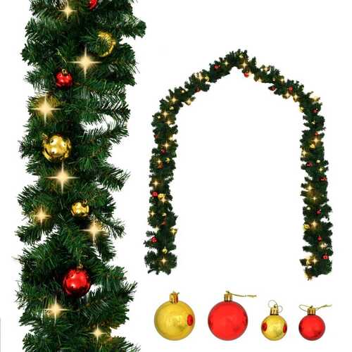Christmas Garland Decorated with Baubles and LED Lights 20 m