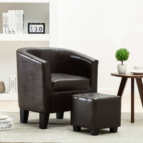 Tub Chair with Footstool Dark Brown Faux Leather