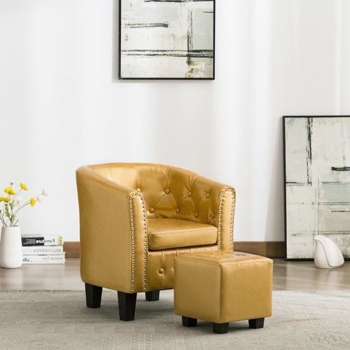 Tub Chair with Footstool Shiny Gold Faux Leather