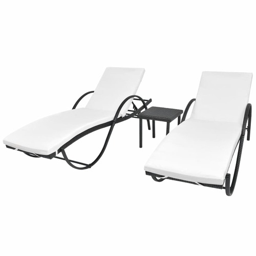 Sun Loungers 2 pcs with Table Poly Rattan Black (42884+42886)