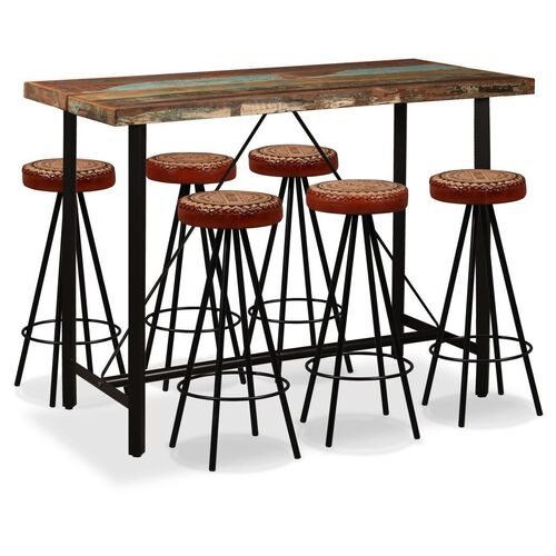 7 Piece Bar Set Solid Reclaimed Wood, Genuine Leather & Canvas