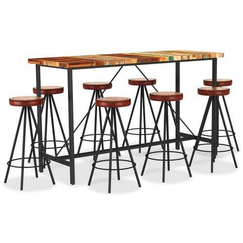 9 Piece Bar Set Solid Reclaimed Wood Genuine Leather & Canvas