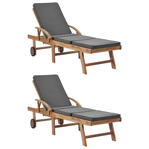 Sun Loungers with Cushions 2 pcs Solid Teak Wood Dark Grey