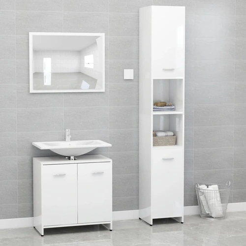 3 Piece Bathroom Furniture Set High Gloss White Engineered Wood