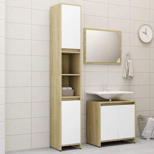 3 Piece Bathroom Furniture Set White and Sonoma Oak Chipboard