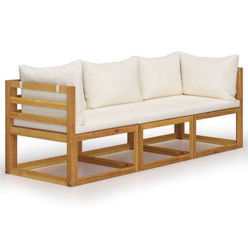 3-Seater Garden Sofa with Cushion Cream Solid Acacia Wood