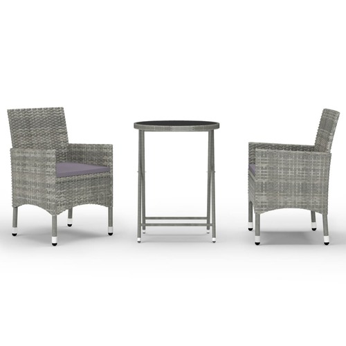 3 Piece Garden Bistro Set Poly Rattan and Tempered Glass Grey