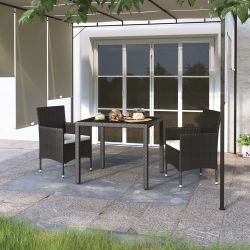 3 Piece Garden Dining Set Poly Rattan and Tempered Glass Black