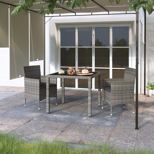 3 Piece Garden Dining Set Poly Rattan and Tempered Glass Grey