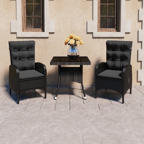 3 Piece Garden Dining Set Poly Rattan and Glass Black