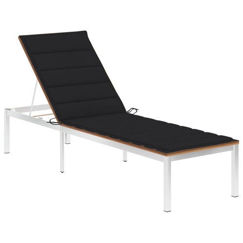 Sun Lounger with Cushion Solid Teak Wood and Stainless Steel