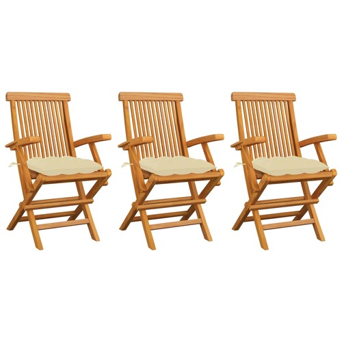 Garden Chairs with Cream White Cushions 3 pcs Solid Teak Wood