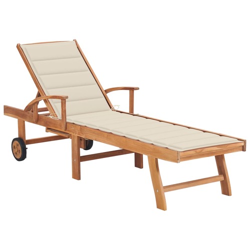 Sun Lounger with Cream Cushion Solid Teak Wood