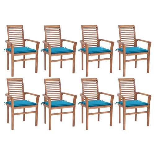 Dining Chairs 8 pcs with Blue Cushions Solid Teak Wood