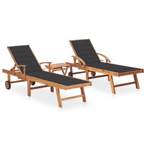 Sun Loungers 2 pcs with Table and Cushion Solid Teak Wood