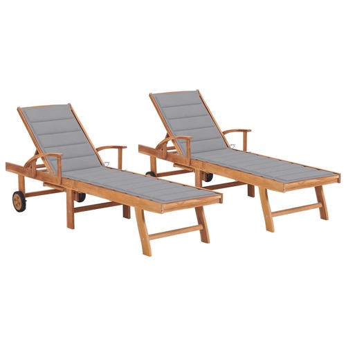 Sun Loungers 2 pcs with Grey Cushion Solid Teak Wood