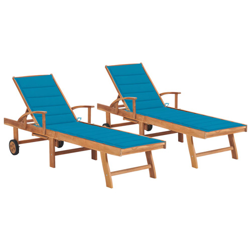 Sun Loungers 2 pcs with Blue Cushion Solid Teak Wood