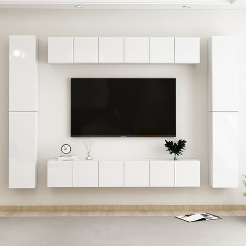 10 Piece TV Cabinet Set High Gloss White Chipboard