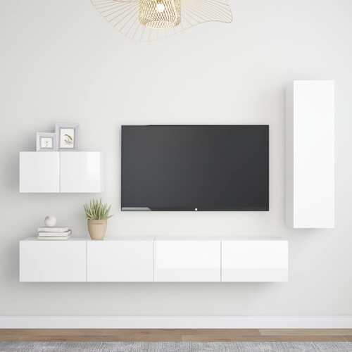 4 Piece TV Cabinet Set High Gloss White Chipboard