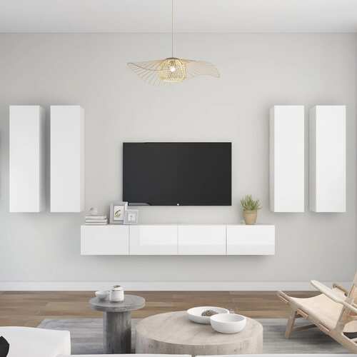 6 Piece TV Cabinet Set High Gloss White Chipboard