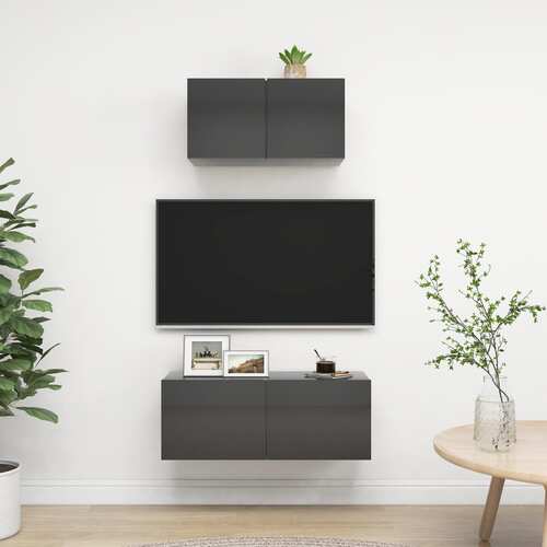 2 Piece TV Cabinet Set High Gloss Grey Chipboard