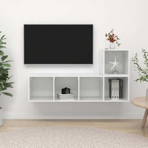 2 Piece TV Cabinet Set High Gloss White Chipboard