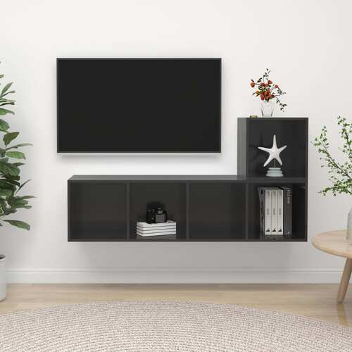 2 Piece TV Cabinet Set High Gloss Grey Chipboard