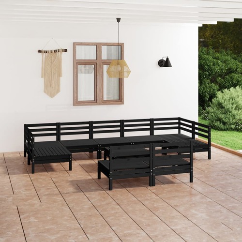 10 Piece Garden Lounge Set Black Solid Pinewood