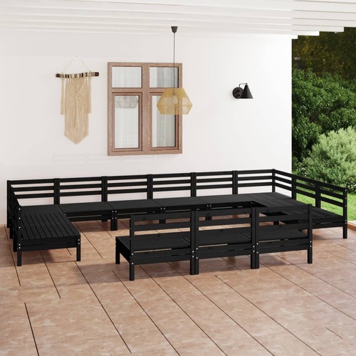 13 Piece Garden Lounge Set Black Solid Pinewood