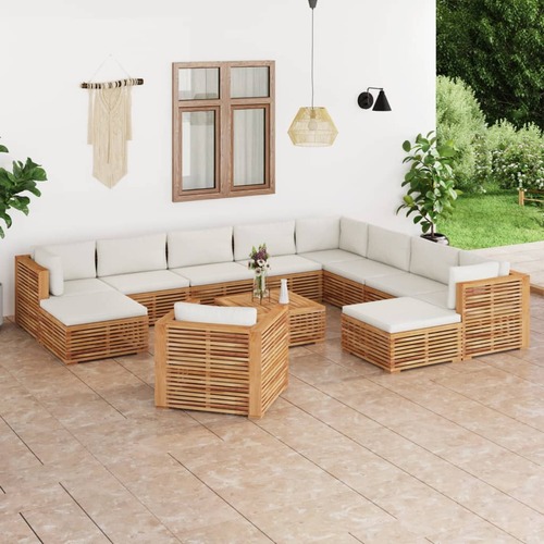 12 Piece Garden Lounge Set with Cream Cushion Solid Teak Wood