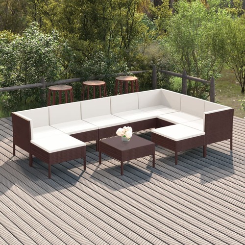 10 Piece Garden Lounge Set with Cushions Poly Rattan Brown