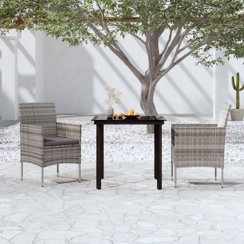 3 Piece Garden Dining Set with Cushions Grey and Black