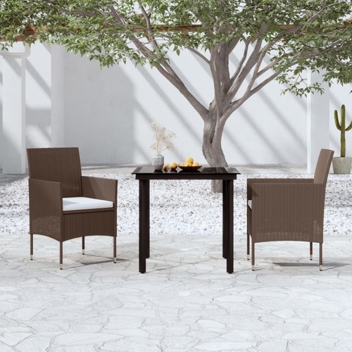 3 Piece Garden Dining Set with Cushions Brown and Black