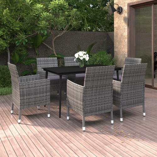 7 Piece Garden Dining Set with Cushions Poly Rattan and Glass