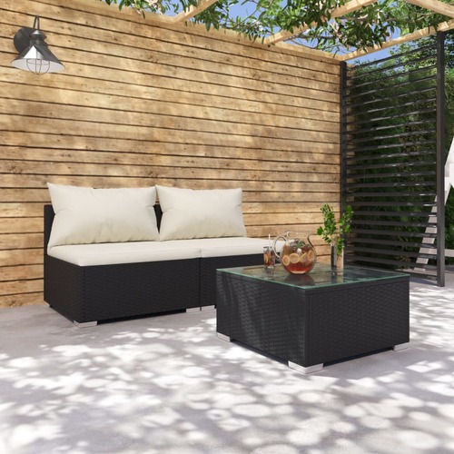3 Piece Garden Lounge Set with Cushions Poly Rattan Black