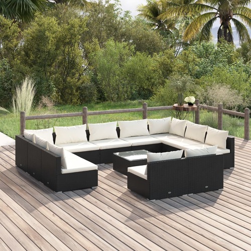 12 Piece Garden Lounge Set with Cushions Black Poly Rattan