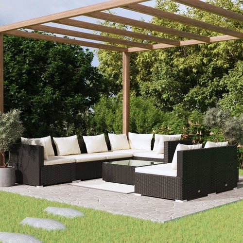 8 Piece Garden Lounge Set with Cushions Black Poly Rattan