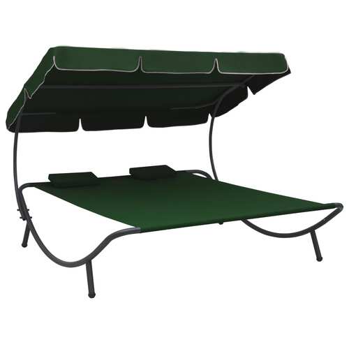 Outdoor Lounge Bed with Canopy and Pillows Green