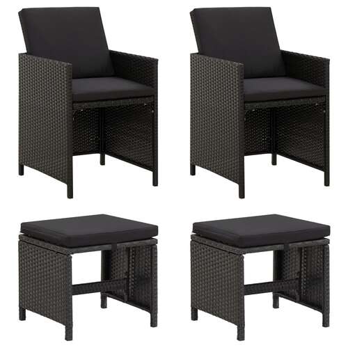 4 Piece Garden Chair and Stool Set Poly Rattan Black